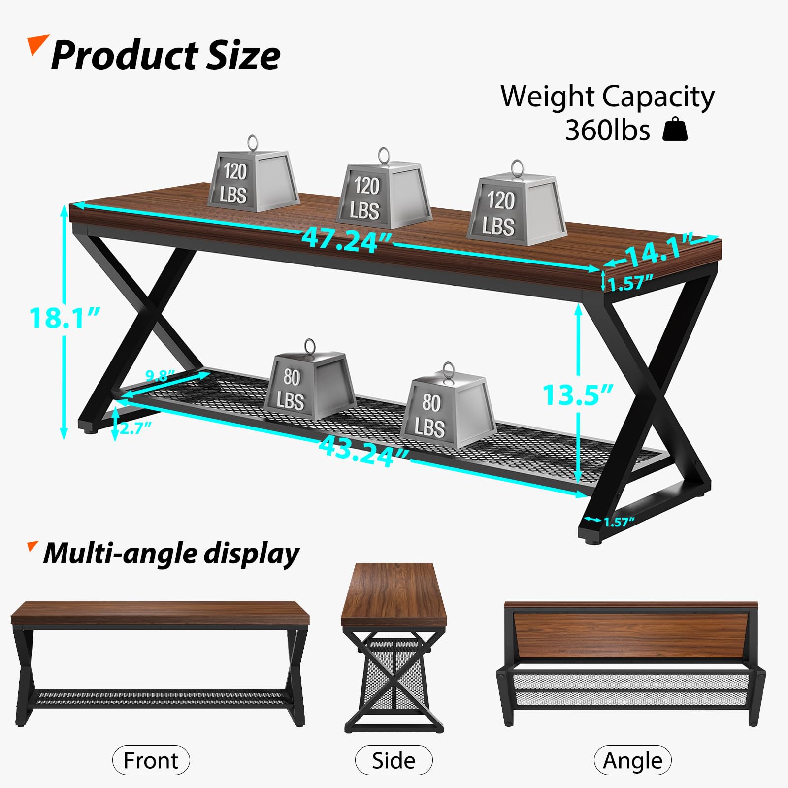 LVB Entryway Shoe Rack with Storage, Wood and Metal Indoor Bench for Entrance, Long Wooden Hallway Bench with Seating for Living Room