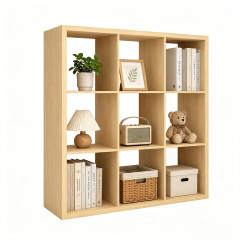 CTESNE【Wooden Thick Frame 9 Cube Storage Organizer Shelf with Anti-Tipping Kits + Reversible Open Back Bookcase