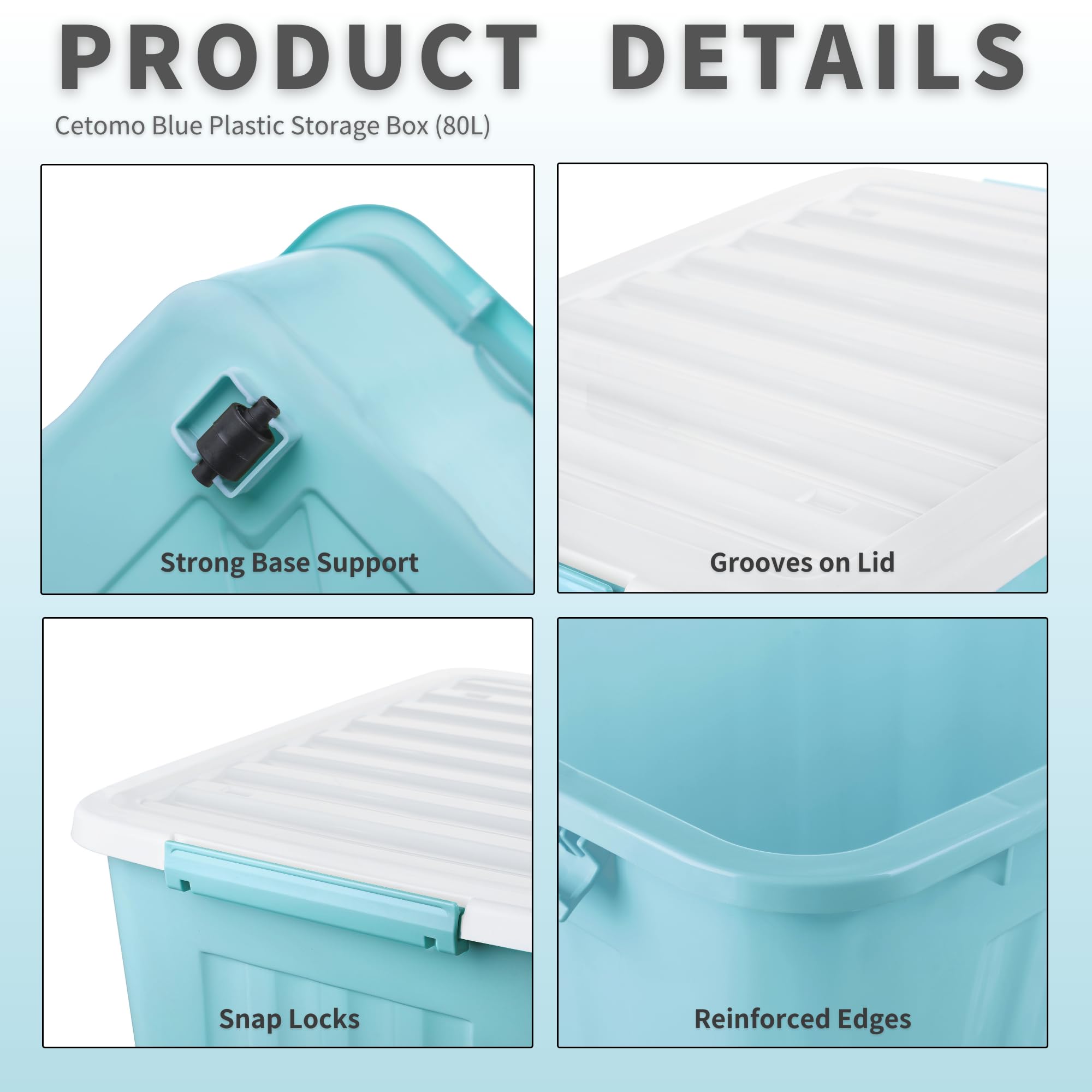Cetomo 80L*4 Storage Boxes with Lids, Plastic Storage Box with Wheels and Secure Side Latches, Stackable & Nestable Organizer for Home, Office