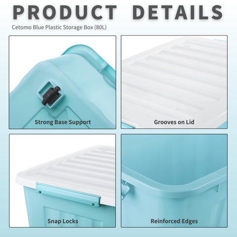 Cetomo 80L*4 Storage Boxes with Lids, Plastic Storage Box with Wheels and Secure Side Latches, Stackable & Nestable Organizer for Home, Office