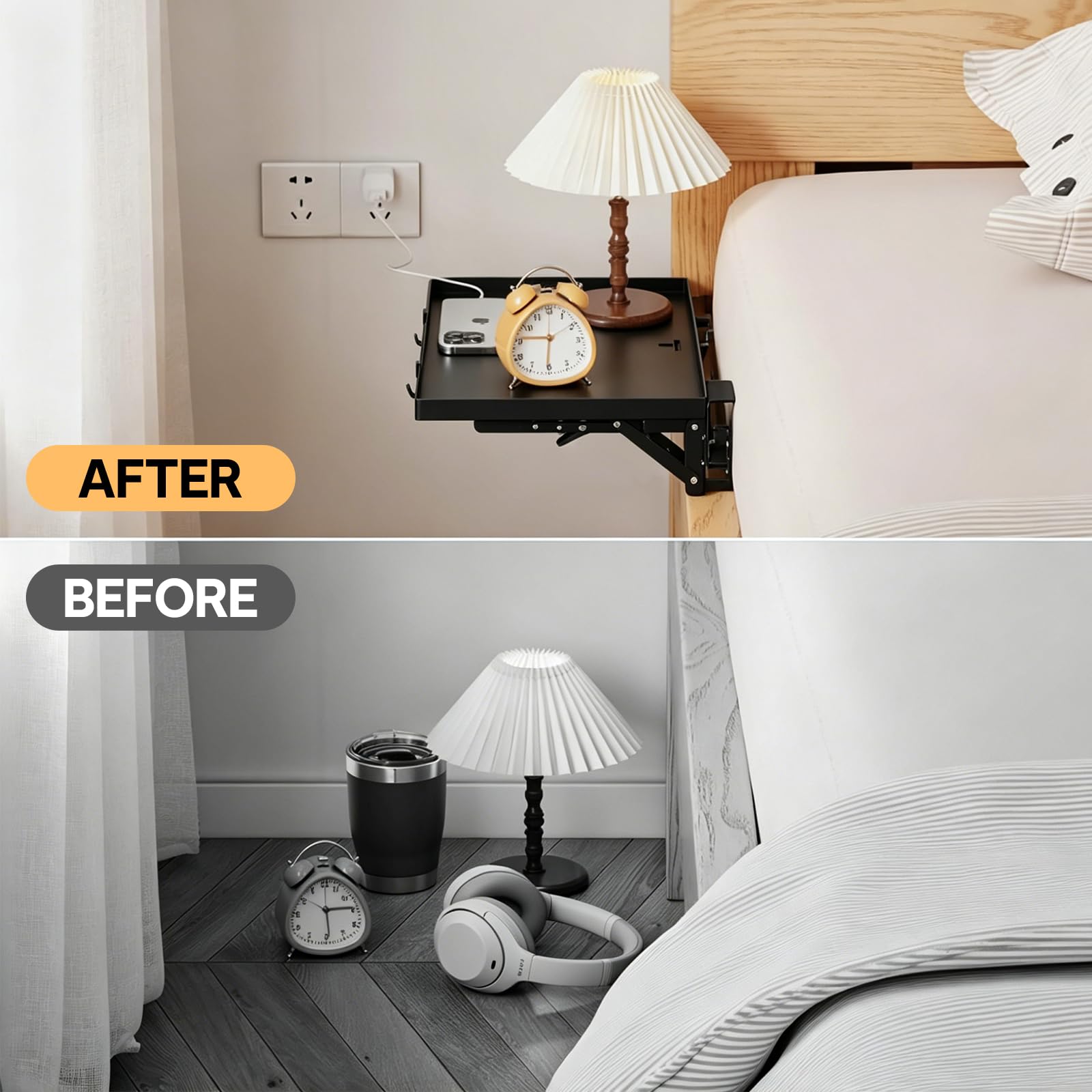 Foldable Bed Shelf for Bunk, 10kg Heavy Duty Metal Clip on Nightstand