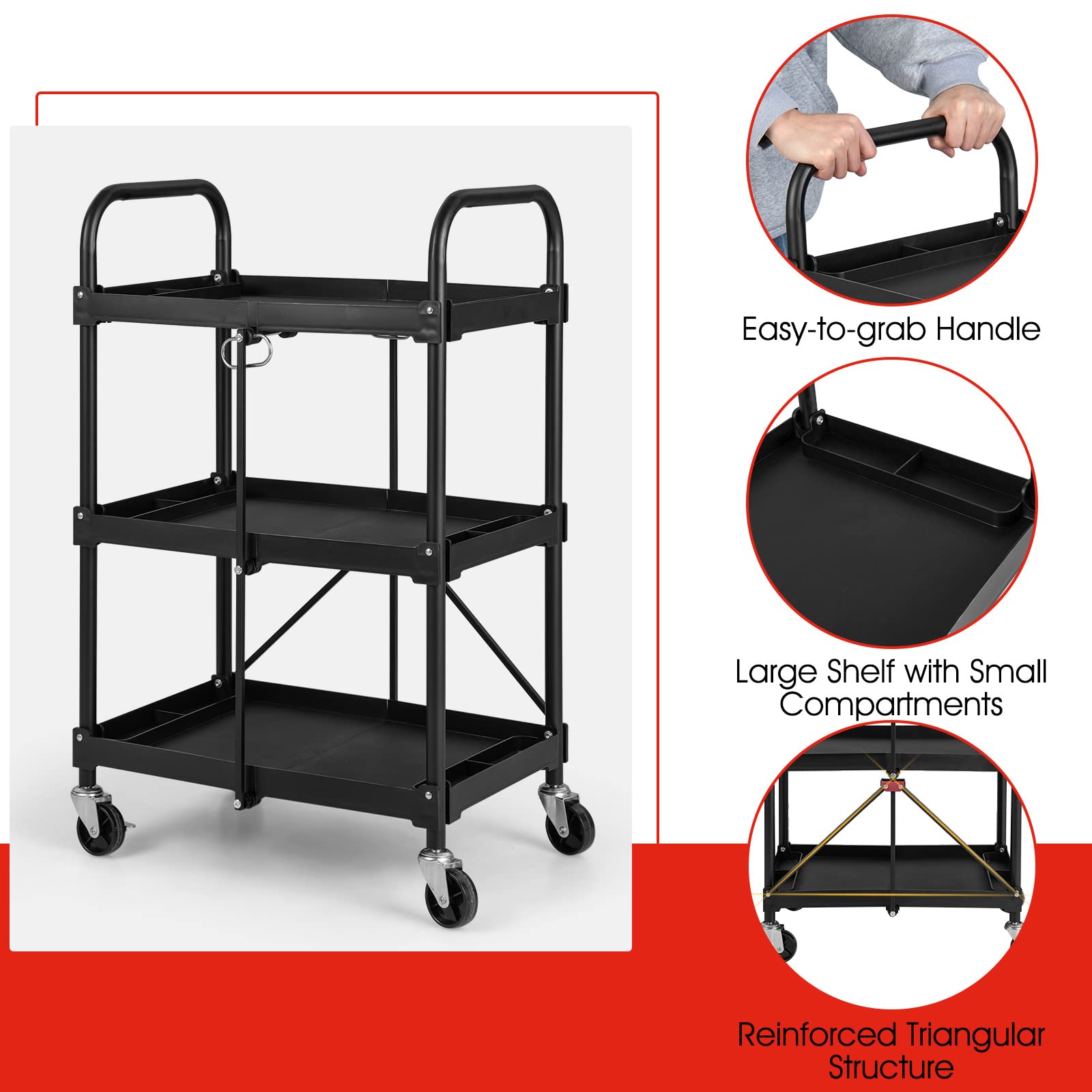 GiantexUK 3-Tier Folding Tool Trolley, Metal Frame Service Cart with Wheels, Tool Grooves & Handles