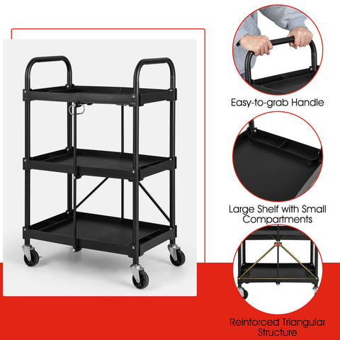 GiantexUK 3-Tier Folding Tool Trolley, Metal Frame Service Cart with Wheels, Tool Grooves & Handles
