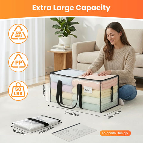 RICHER HOUSE 90L Heavy Duty Moving Boxes, Clothes Storage Bag, 4 Pack,Clear