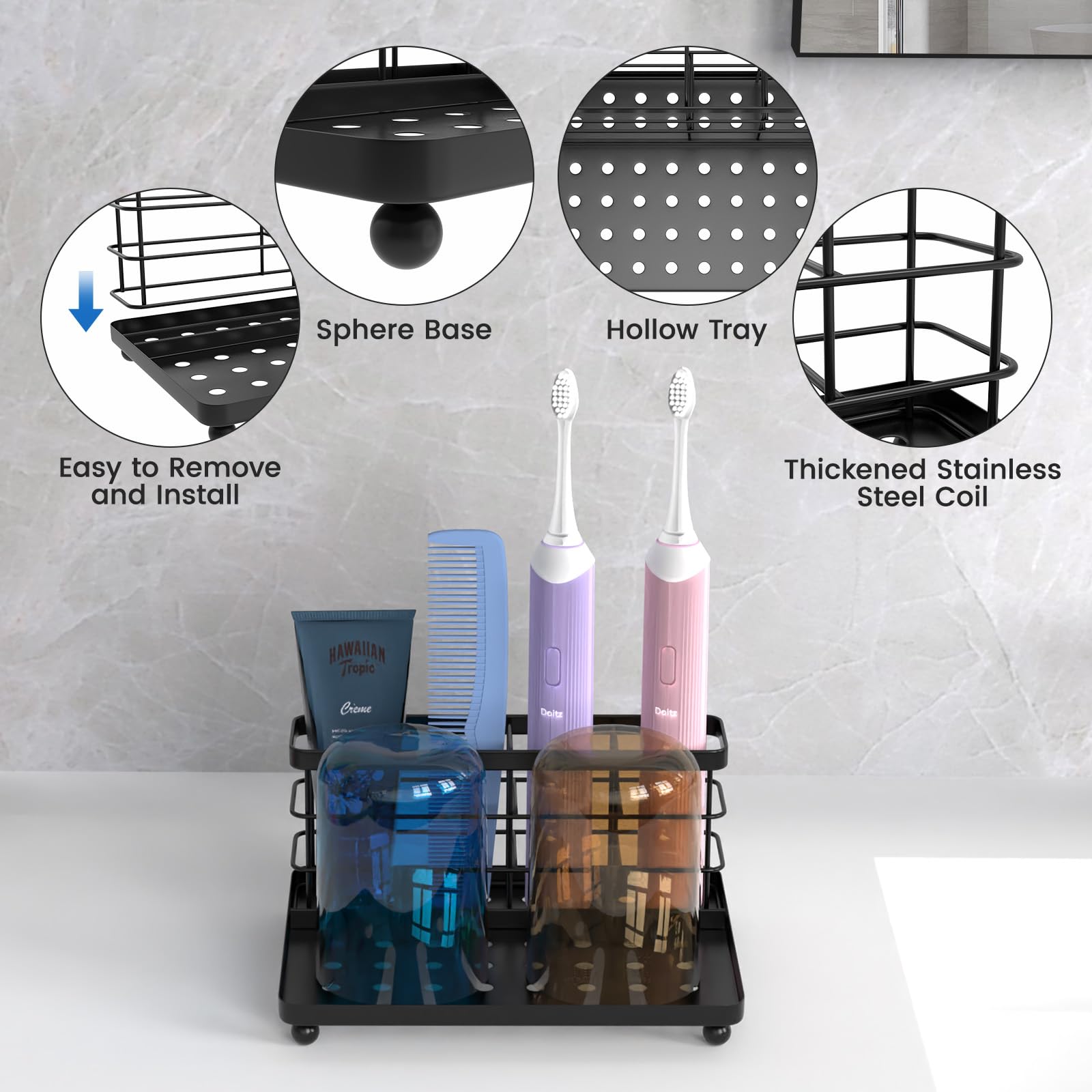 Luxspire Toothbrush Holders for Bathroom, Stainless Steel, 3 Slots, Black