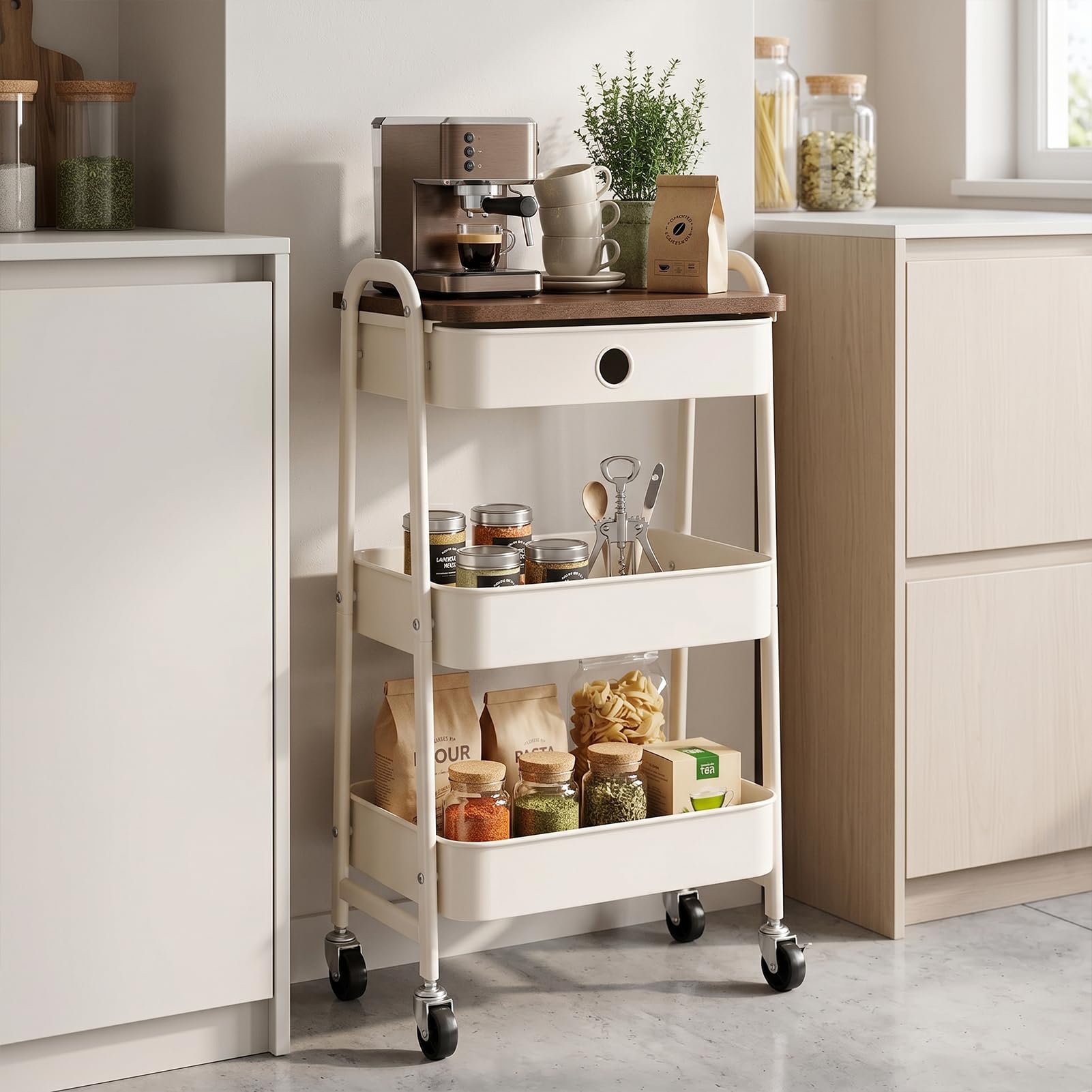 DOEWORKS Storage Trolley on Wheels Metal 3-Tier Rolling Trolley with Drawer