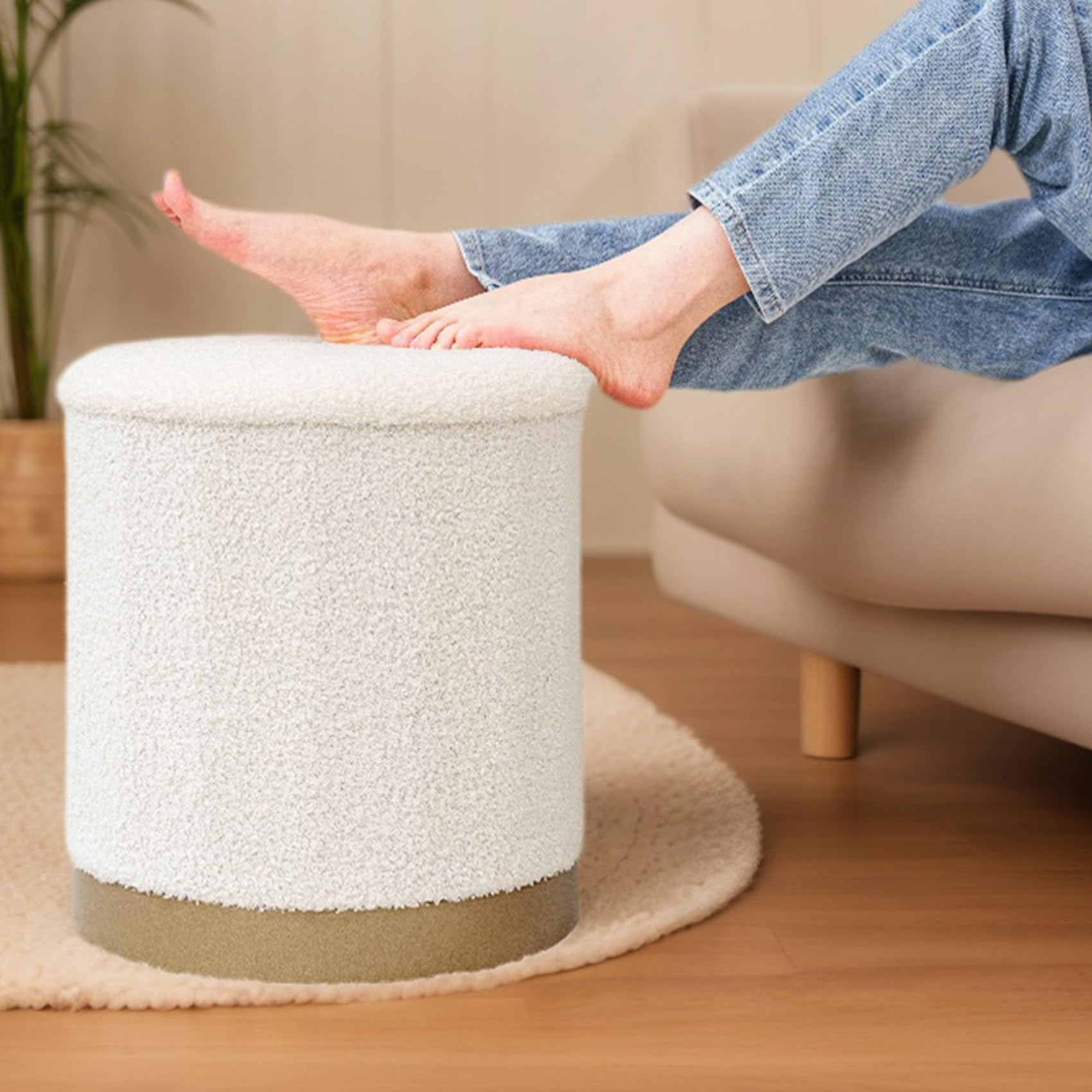 Bonlife Round Ottoman - Coffee Table with Storage, Cream, 37.5x37.5x42.5cm