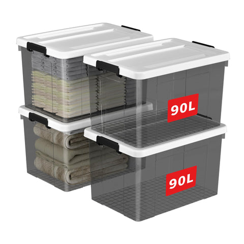 Cetomo 90L*4 Storage Boxes, Plastic Storage Box with Lids, Organizing Container with Secure Latching Buckles, Stackable, Nestable