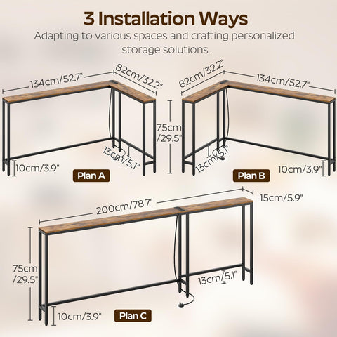 YATINEY Slim Console Table, 200 cm Narrow Sofa Table with Power Outlets, Behind Entryway Table, 3 Assembly Options, for Entryway