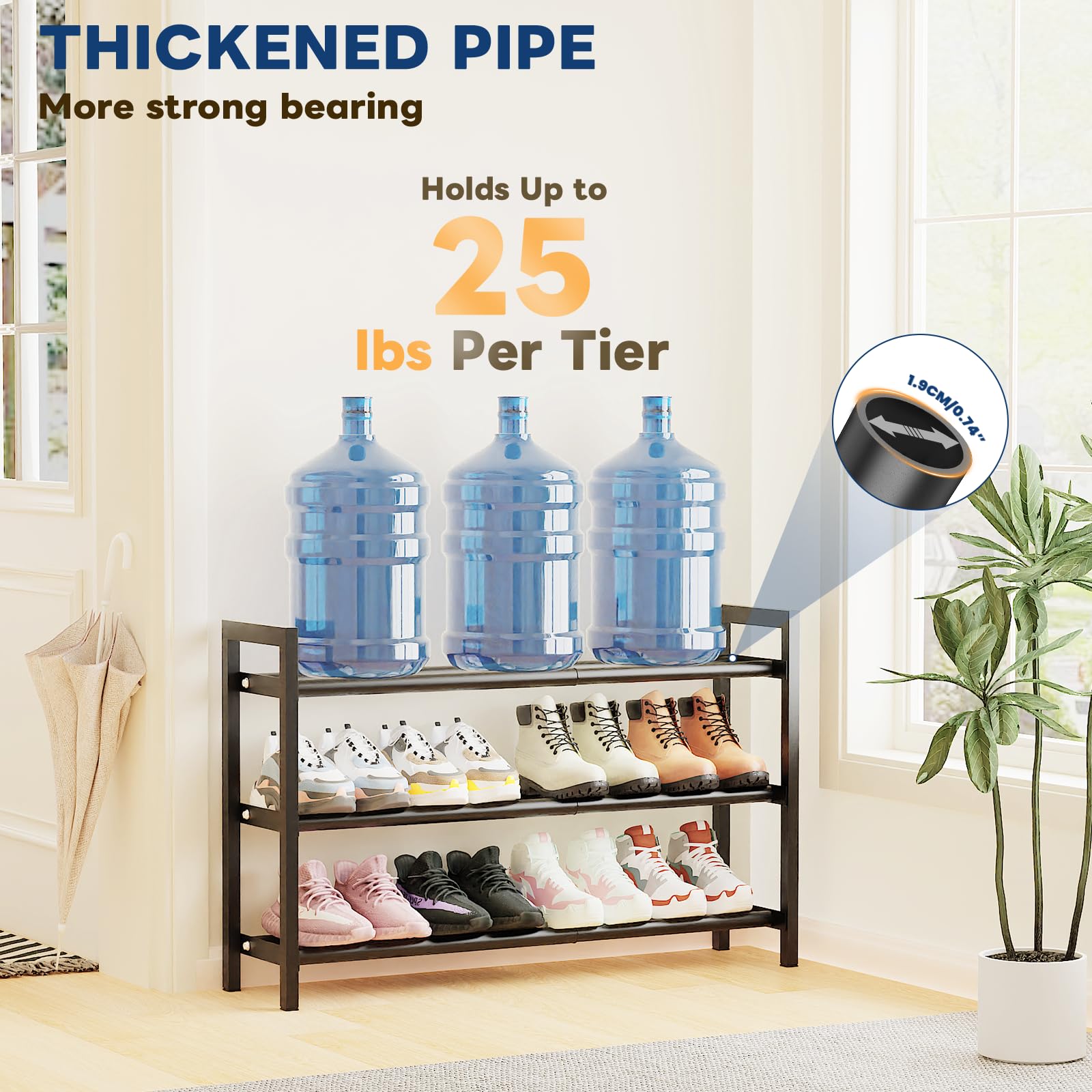 3 Tier Expandable Shoe Rack, Adjustable Metal Shoe Storage Organizer