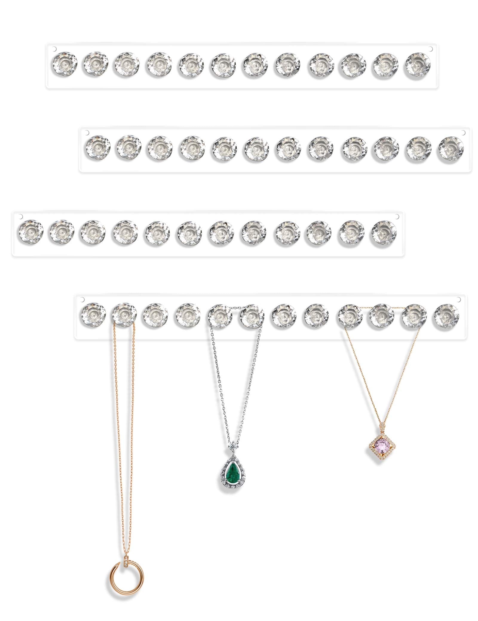 Mymazn Acrylic Necklace Holder Set of 4, Wall Mounted Jewelry Organizer Hanging with 12 Diamond Shape Hooks, Clear Necklaces Hanger