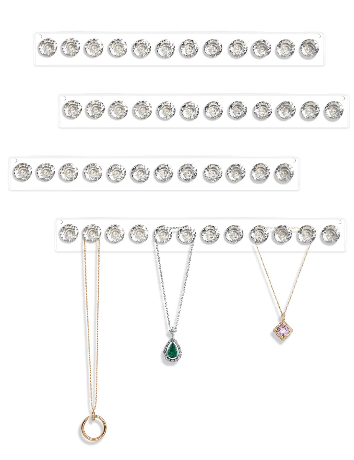 Mymazn Acrylic Necklace Holder Set of 4, Wall Mounted Jewelry Organizer Hanging with 12 Diamond Shape Hooks, Clear Necklaces Hanger
