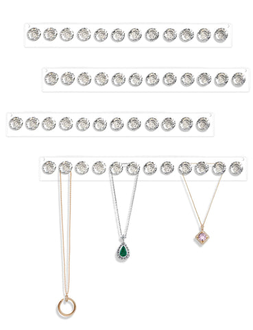 Mymazn Acrylic Necklace Holder Set of 4, Wall Mounted Jewelry Organizer Hanging with 12 Diamond Shape Hooks, Clear Necklaces Hanger