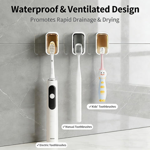 4pc Wall Mount Toothbrush Holder with Lid Self Adhesive, No Drill