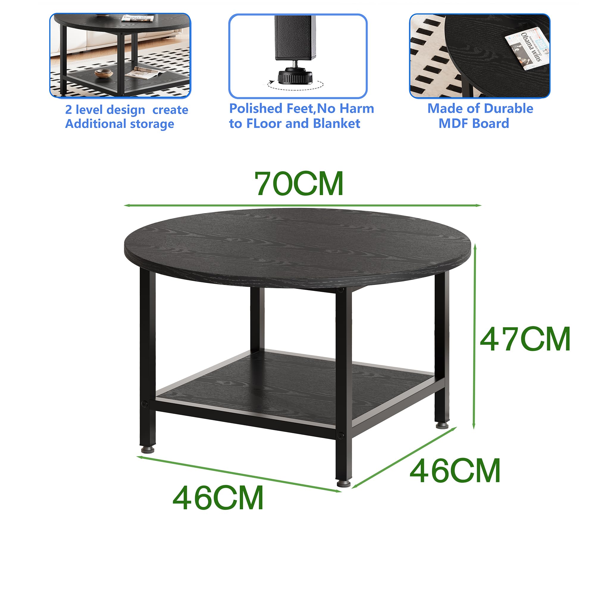 ARFARLY Round Coffee Table for Living Room 2-Tier Circle Coffee Table Black