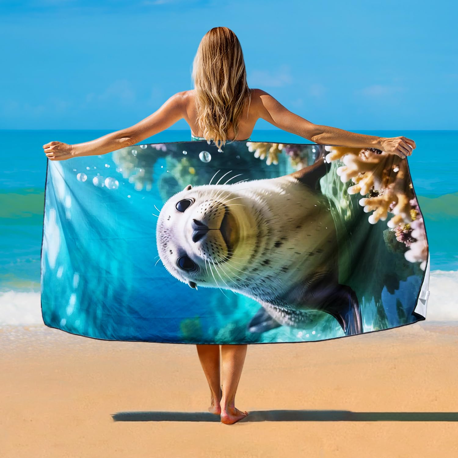 Violetpos Underwater Seal Beach Towel, Extra Large 180x90 cm 250GSM Microfibre, Sand Free Quick Dry