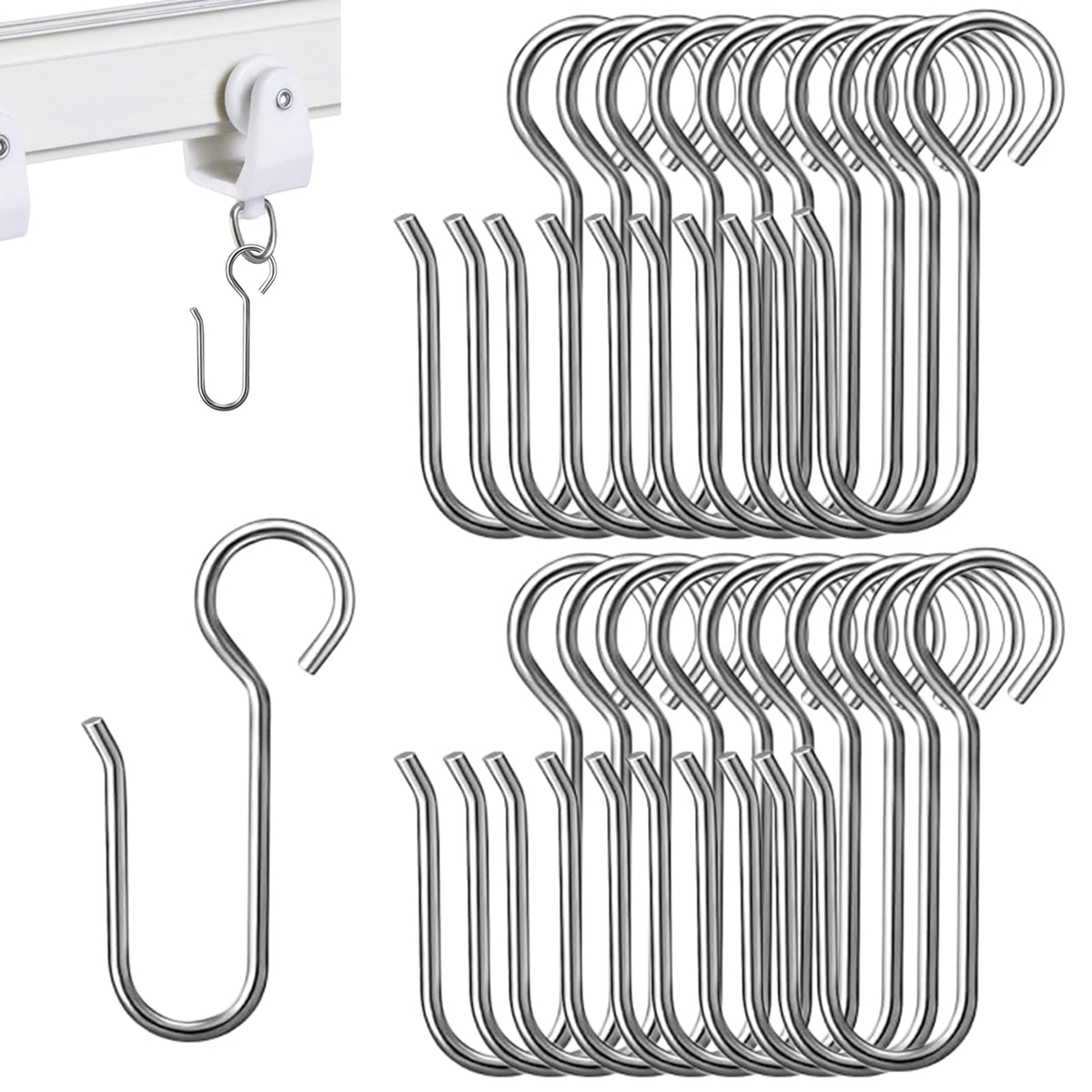 Eophmi 20 Pcs Shower Curtain Hooks, Stainless Steel, White, Universal Size, Easy to Use, Multi-Purpose