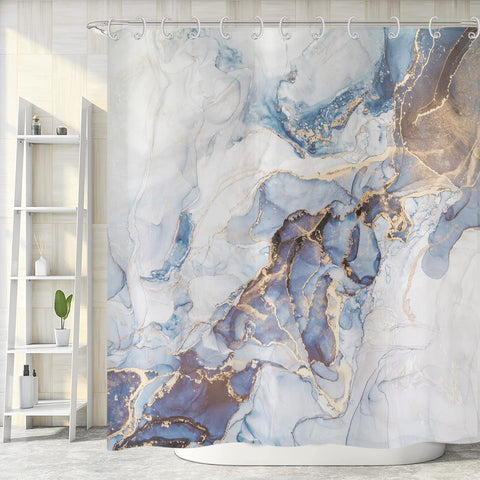ASDCXZ Marble Shower Curtain 180x180 cm, Modern Abstract Art Blue Gold White Marble Optic Texture Bath Washable Shower Curtains Polyester Textile