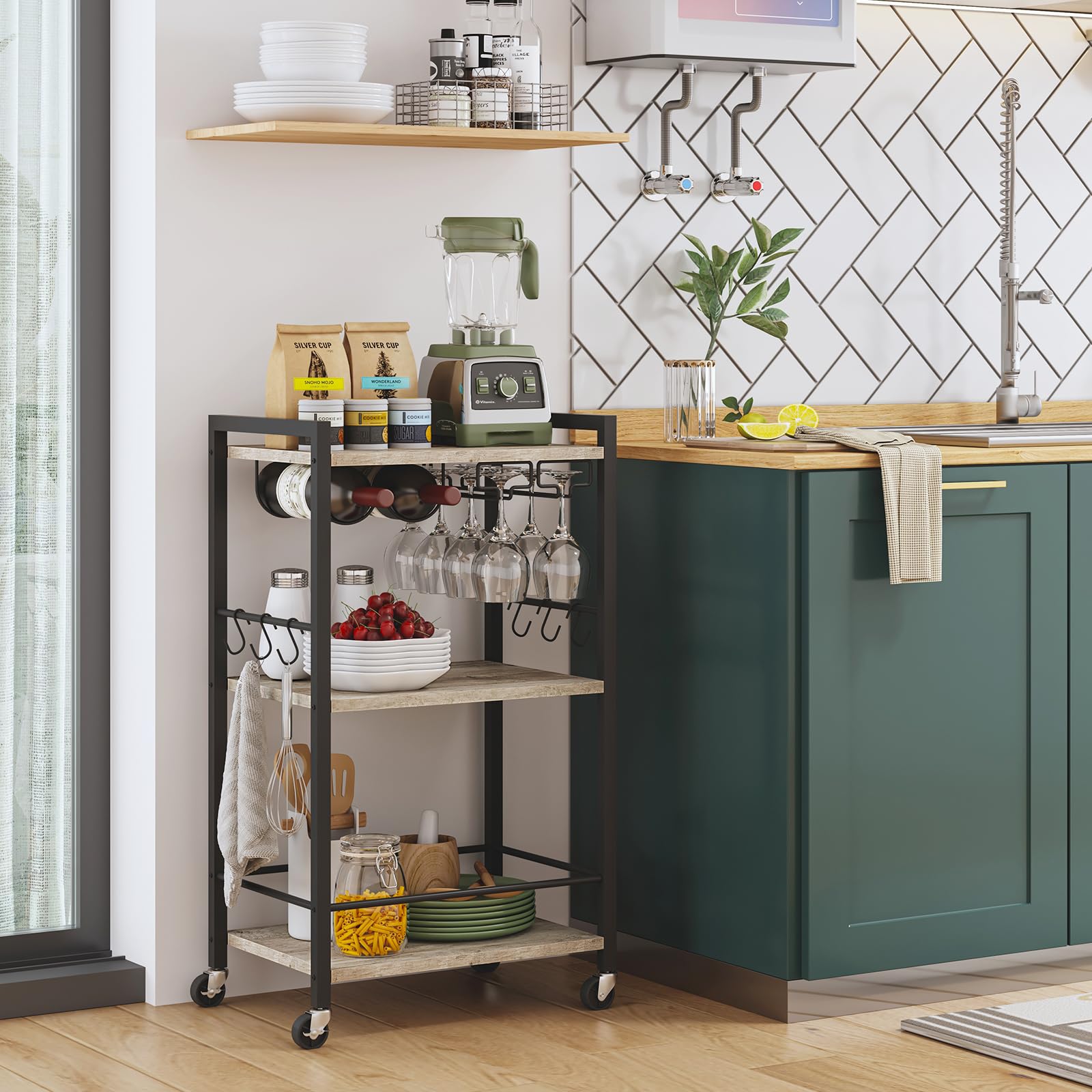 TUTOTAK Drinks Trolley, Bar Cart with 3-Tier Shelf, Serving Trolley with Wine Rack, Glass Holder, Rolling bar cart for The Home, Living Room