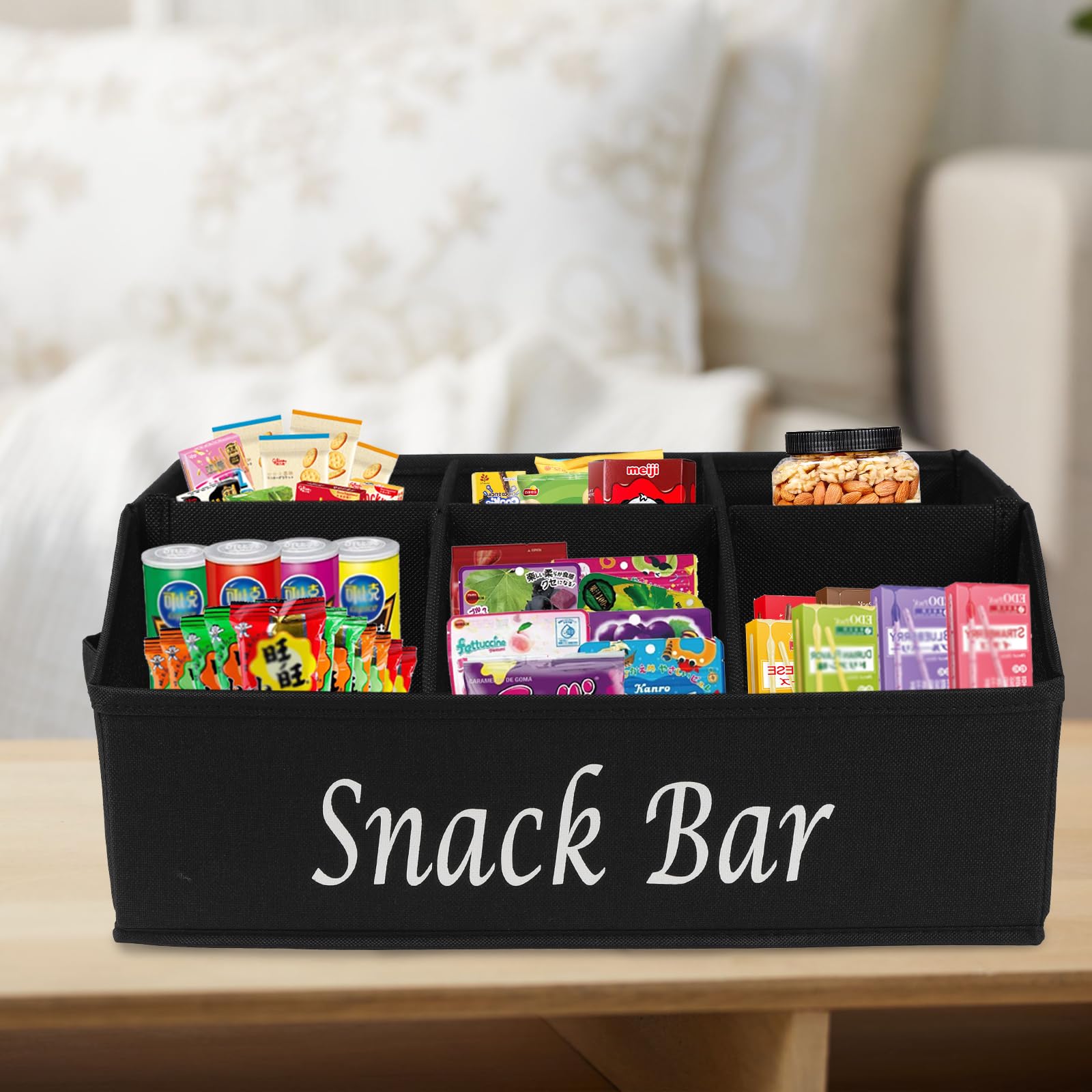 Xbopetda Snack Box Container, 6-Compartment Tray with Handles, Food Storage Organizer Bins, Trapezoid Snack Basket, Pantry Storage Station, Black