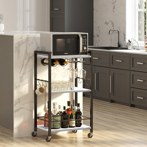 TUTOTAK Drinks Trolley, Bar Cart with 3-Tier Shelf, Serving Trolley with Wine Rack, Glass Holder, Rolling bar cart for The Home, Living Room