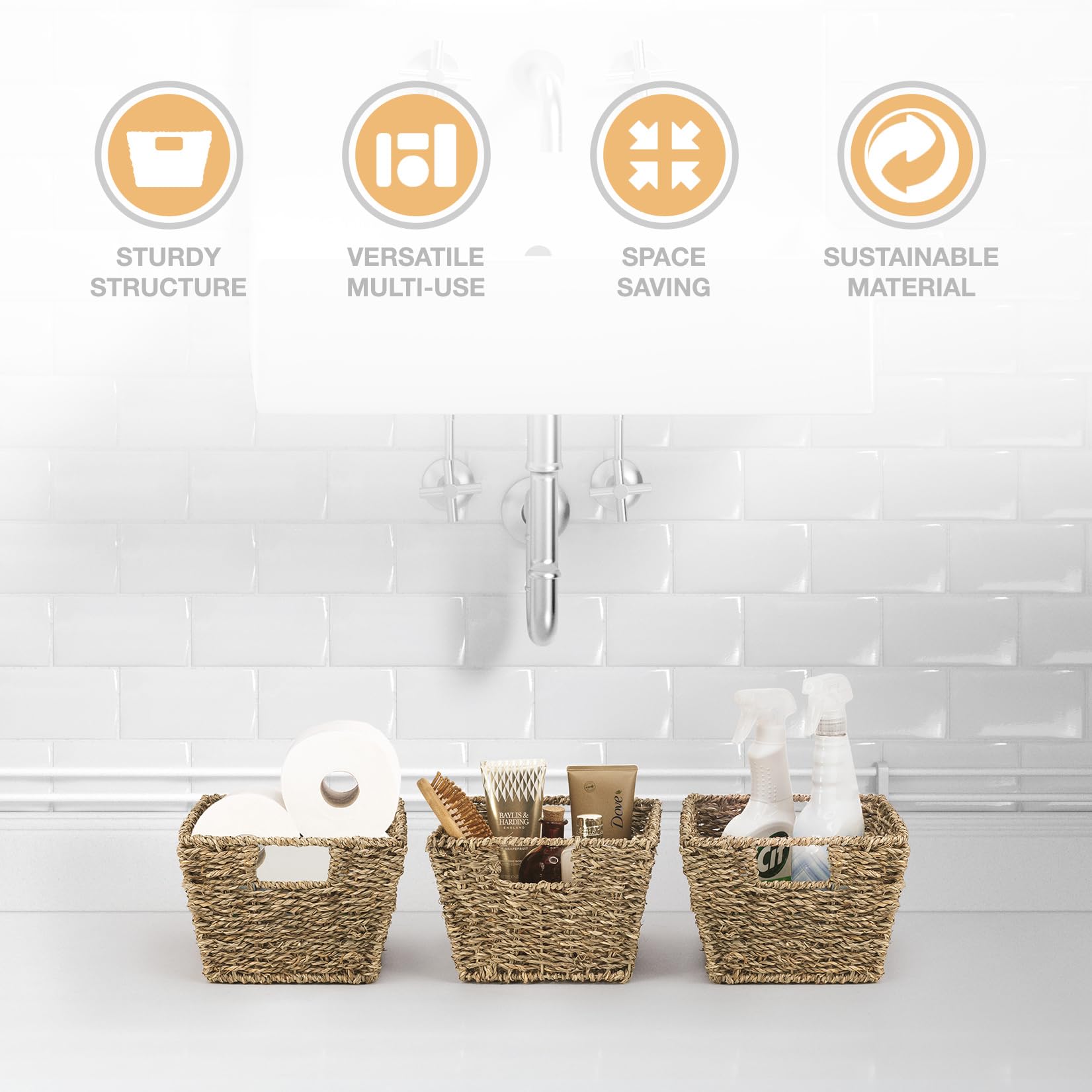 Woodluv Seagrass Woven Wicker Shelf Storage Basket Set, Display Gift Hampers, Set of 3 Handwoven Multi-Purpose Shelves Storage Baskets W/Handles for