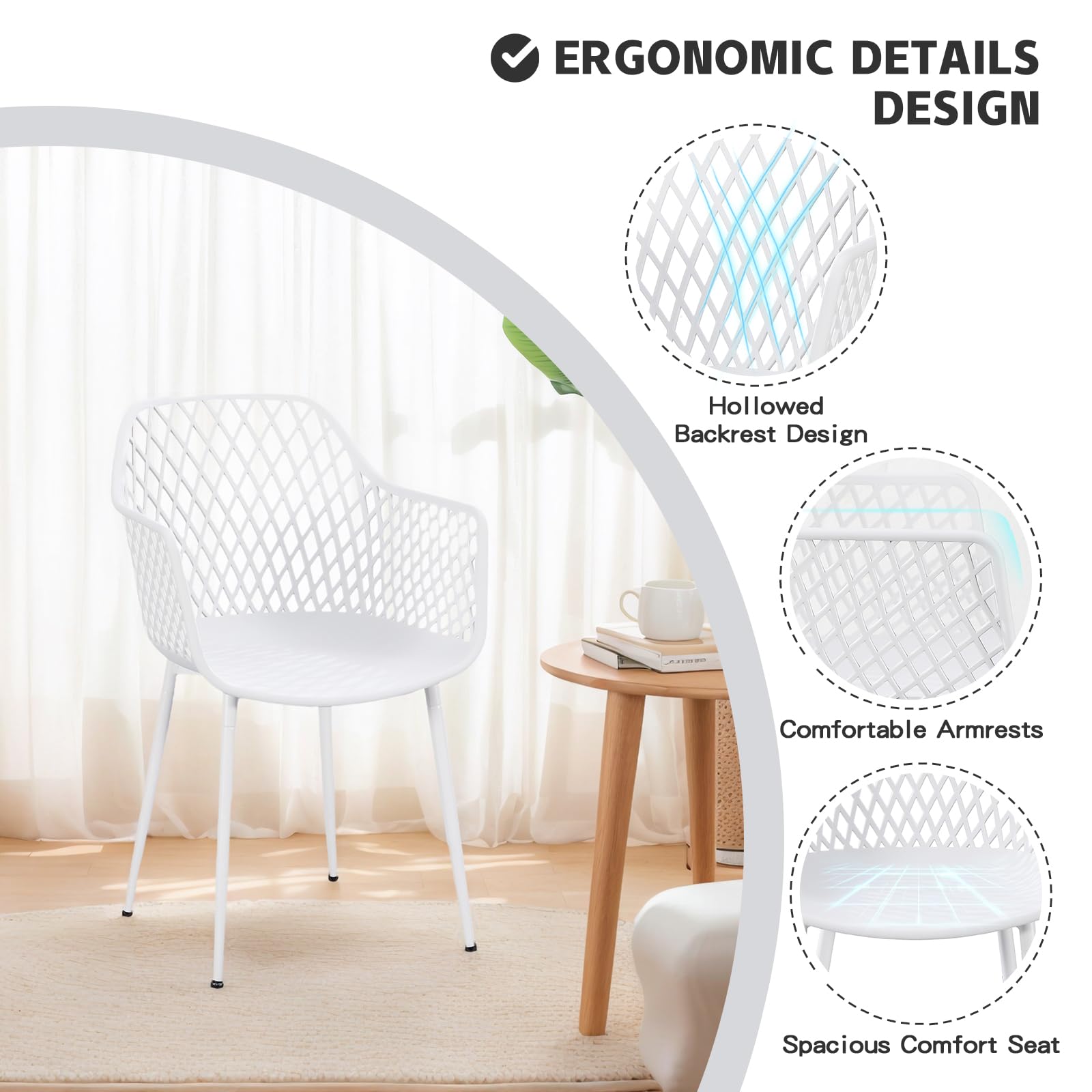TAO ONE Dining Chairs with Arms, Modern Hollow Back Design Patio Dining Chairs, Living Room Plastic Armrest Side Chair