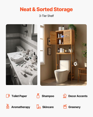 VEVOR Bamboo Over The Toilet Storage Cabinet, 68.9 in Height Bathroom Storage Organizer with Double Door & Inner Adjustable Shelf