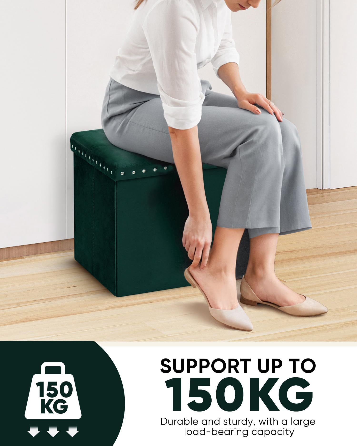 Bonlife Velvet Ottoman with Storage,Footstool Ottoman Seat,Green,40x40x40cm