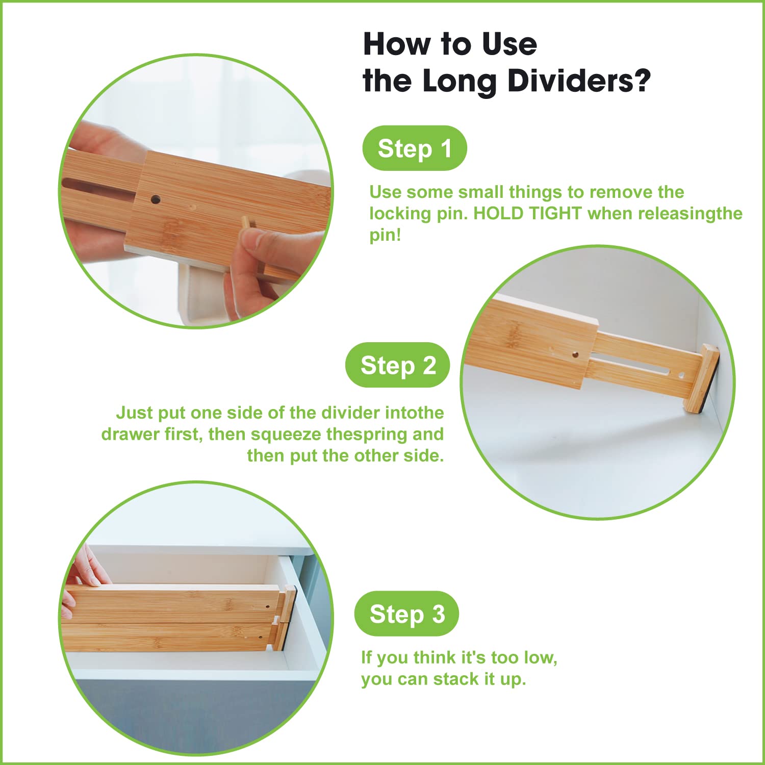 ANTOWIN 10Pcs Bamboo Drawer Dividers, Expandable Drawer Separators Splitter, 43-56 CM Long Adjustable Spring Loaded Organizer for Large Utensil