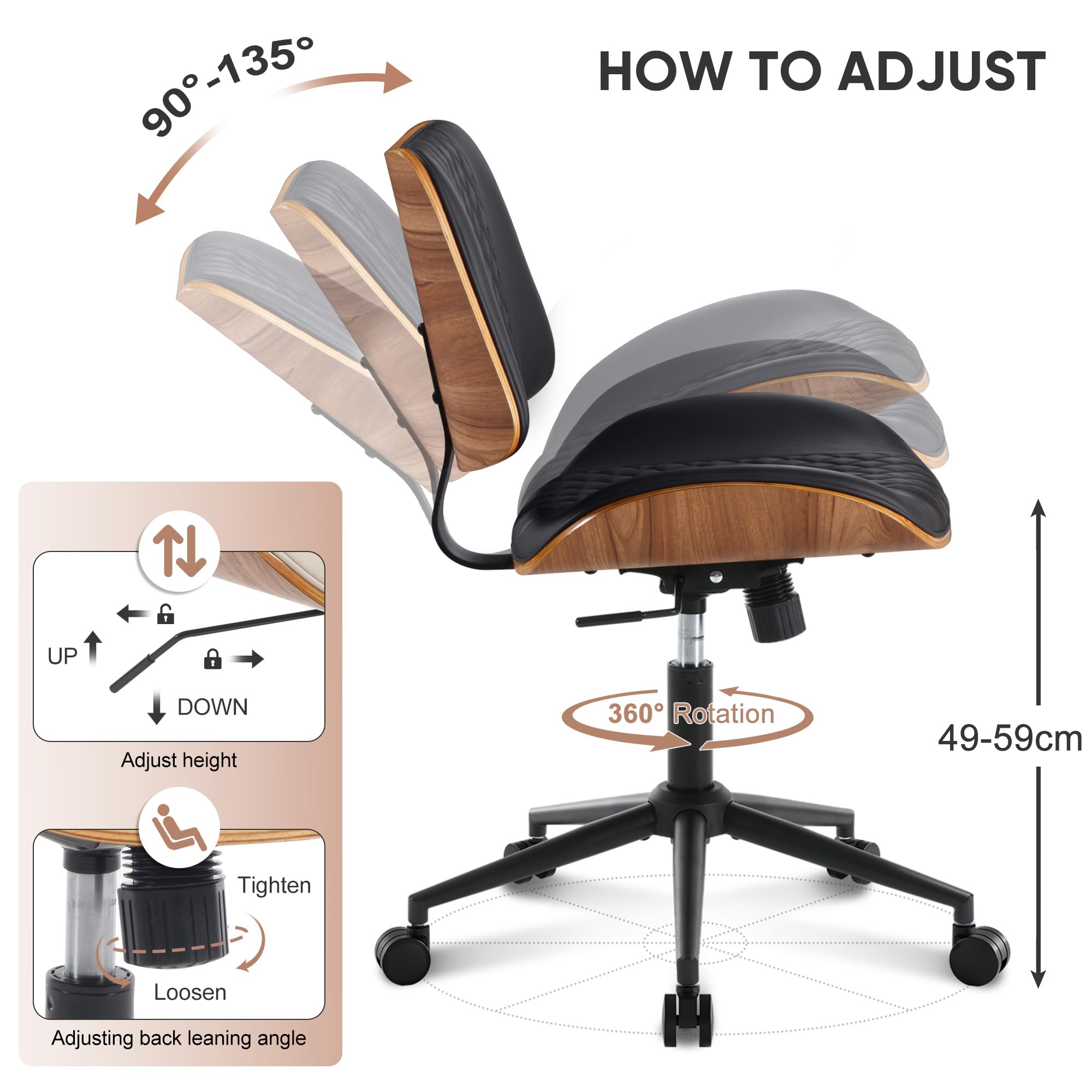 BERYTH Armless Desk Chair with Wheels Boucle Home Office Chair 360° Swivel Adjustable Height PU Leather Max. 136kg Mid Back Modern Bentwood Walnut