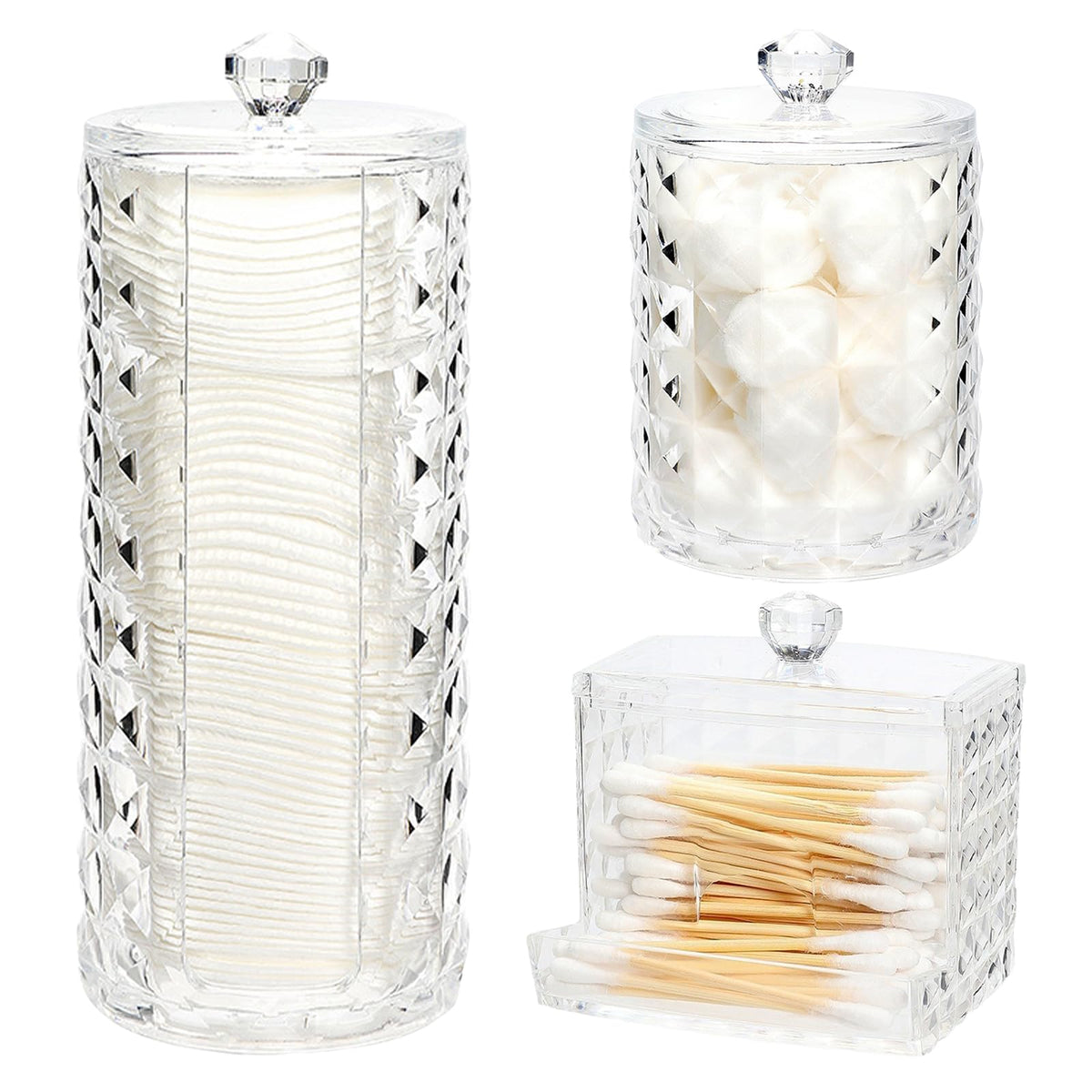Hwtcjx 3 Pcs Cotton Dischetti Holder, Cotton Swab Holder, Cotton Bud Qtip Holder Dispenser, Made of PS Material, with Lid