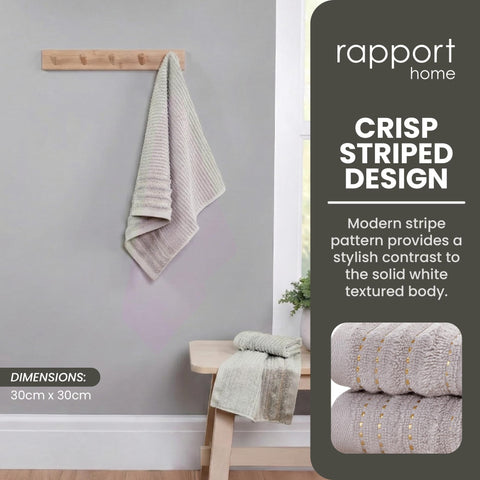 Rapport Home Linear Face Towels 2-Pack | Luxurious 100% Cotton 500gsm Soft Absorbent Face Cloths | Oeko-Tex Certified Bathroom Hand Towels
