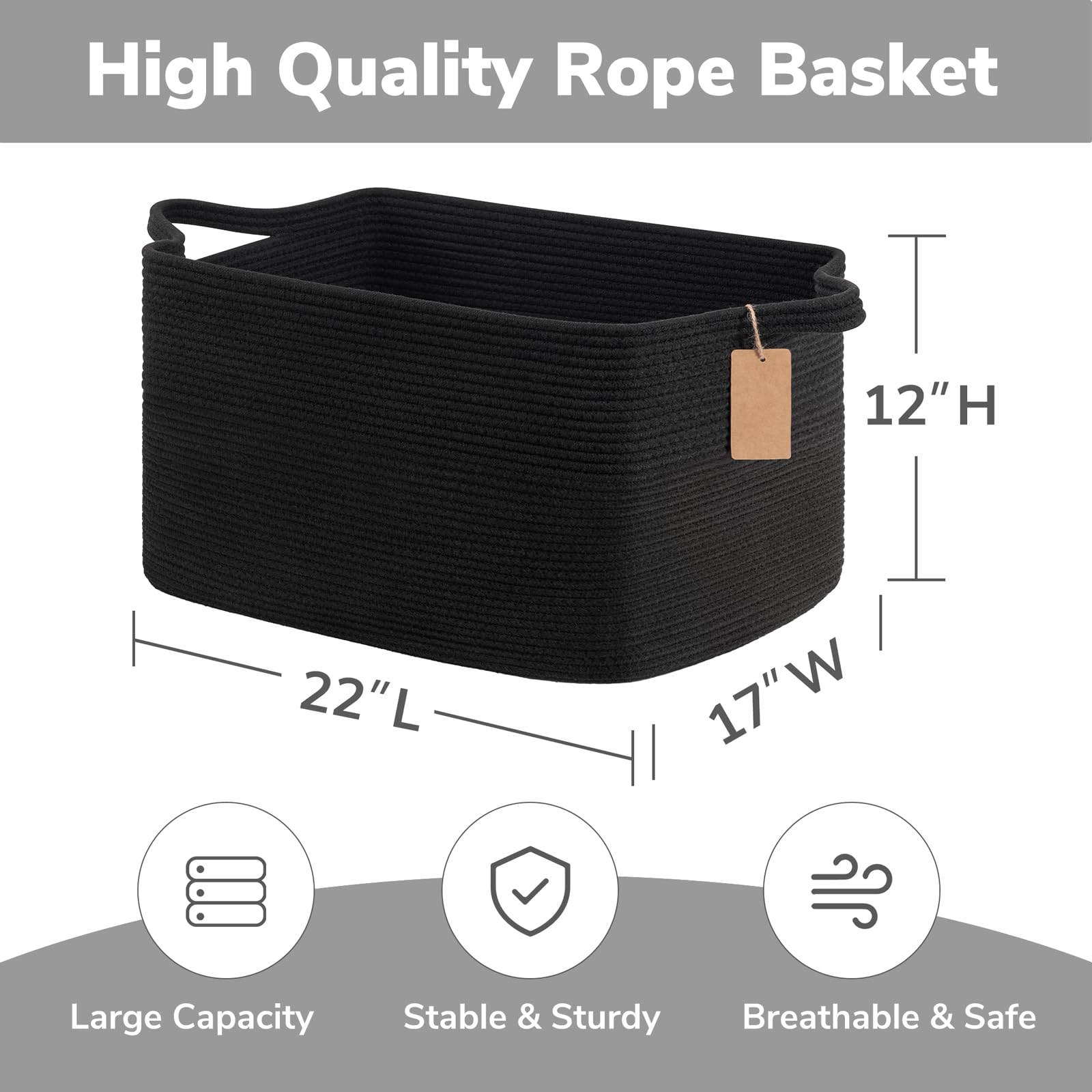 TIMEYARD 75L Large Woven Storage Basket Blanket Toy Storage Basket Black