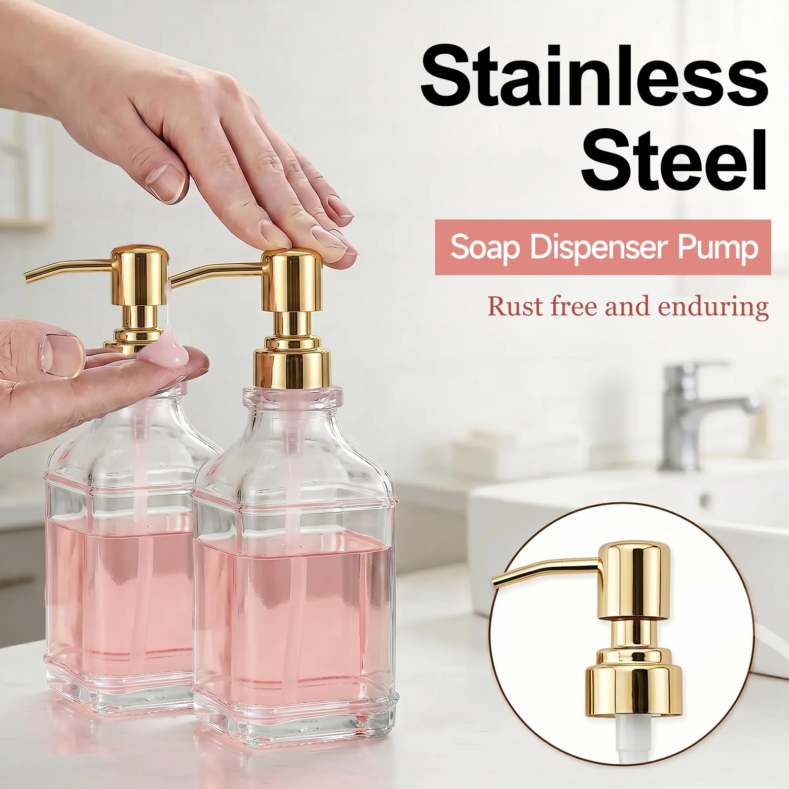 Pollock 2pcs Pump Dispenser Stainless Steel, Replacement for Standard Neck Size - 26-28 mm Thread Fits Most Hand Soap Dispenser (Gold Brushed)