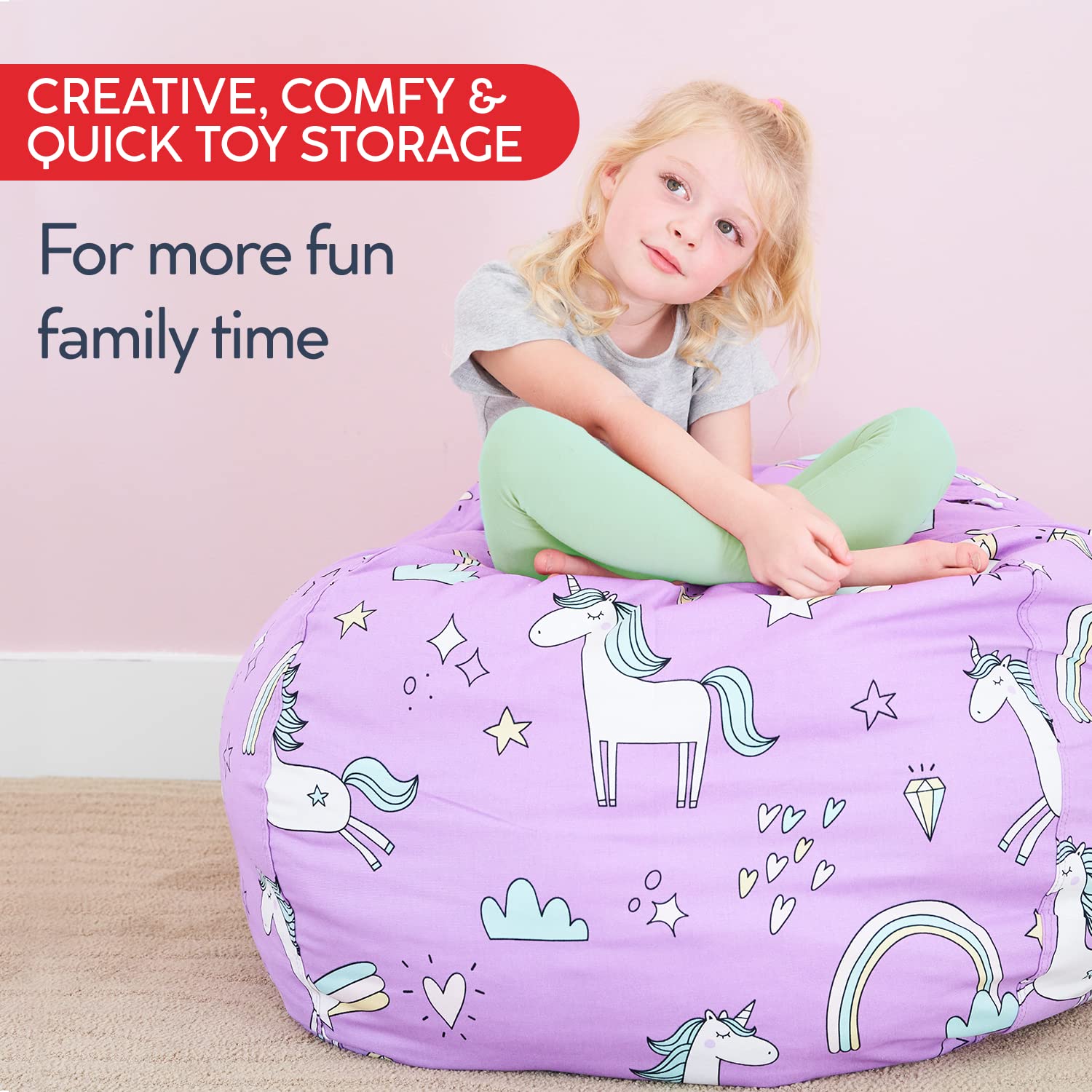 Creative QT Stuff ’n Sit Large 33’’ Bean Bag Storage Cover for Stuffed Animals & Toys, Giant Beanbag Chair for Plush