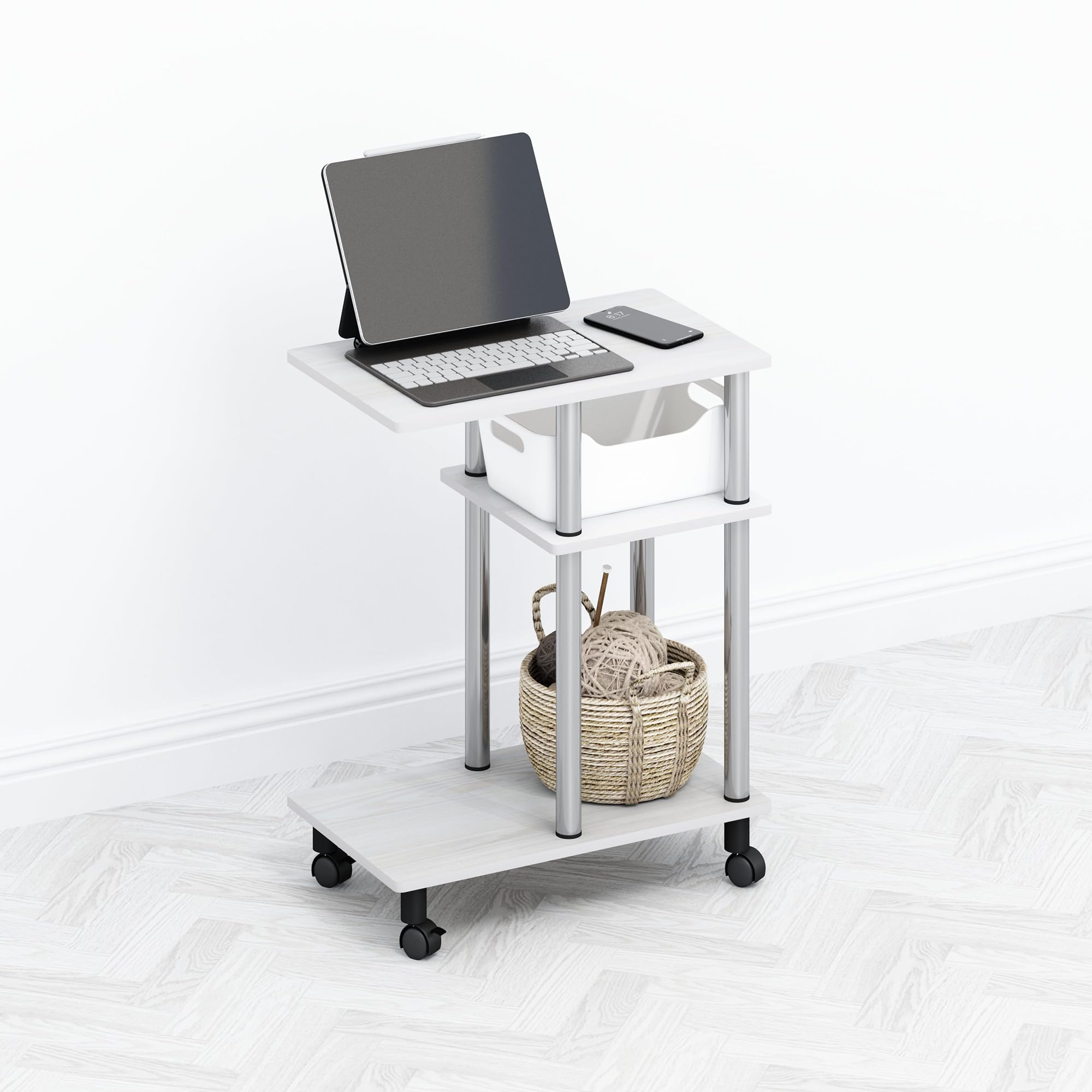 Furinno TOMI Side Table, 3-Tier C-Shape Open Shelf End Table with Wheels, Night Stand, Bedside Table, Toolless Assembly, for Living Room, Bedroom