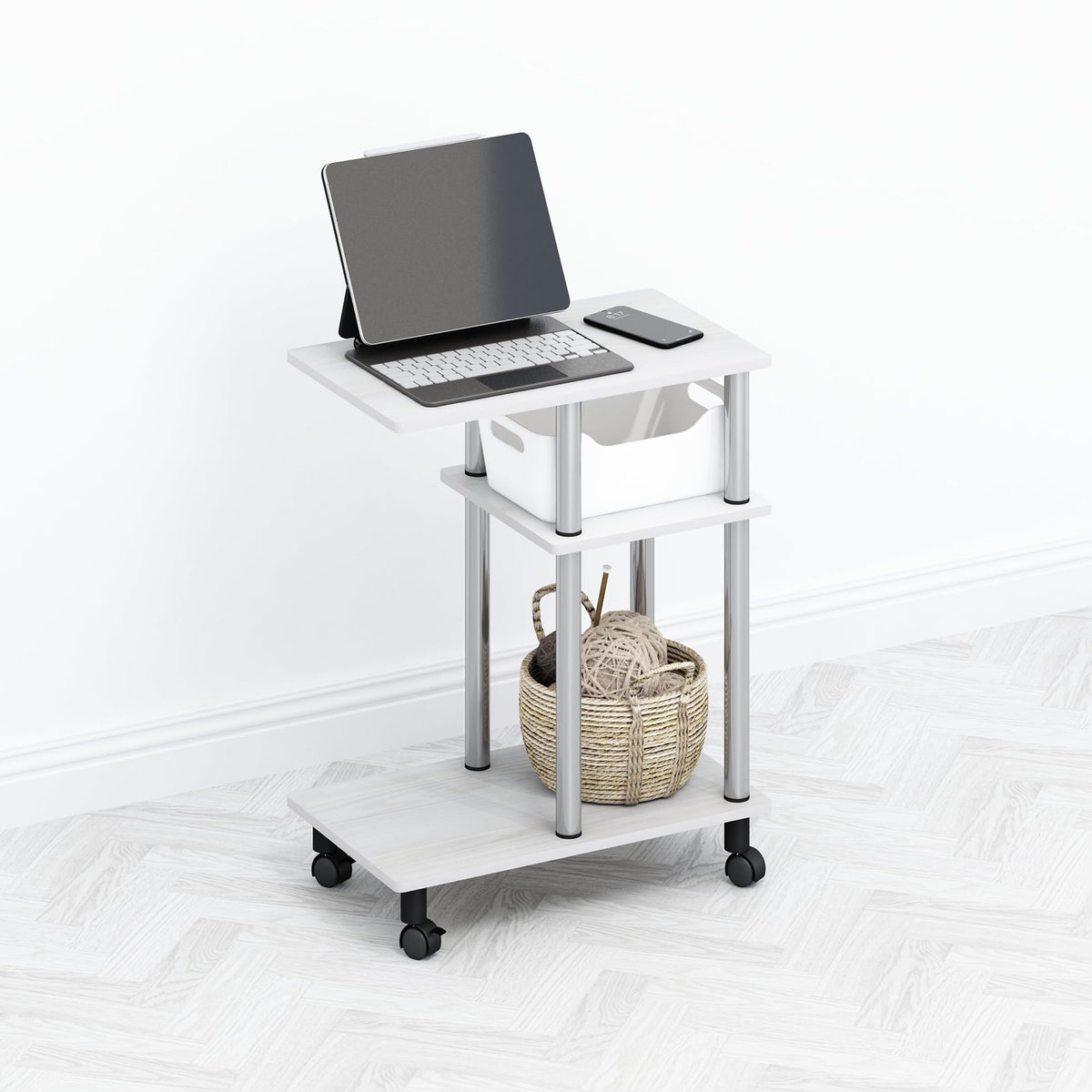 Furinno TOMI Side Table, 3-Tier C-Shape Open Shelf End Table with Wheels, Night Stand, Bedside Table, Toolless Assembly, for Living Room, Bedroom