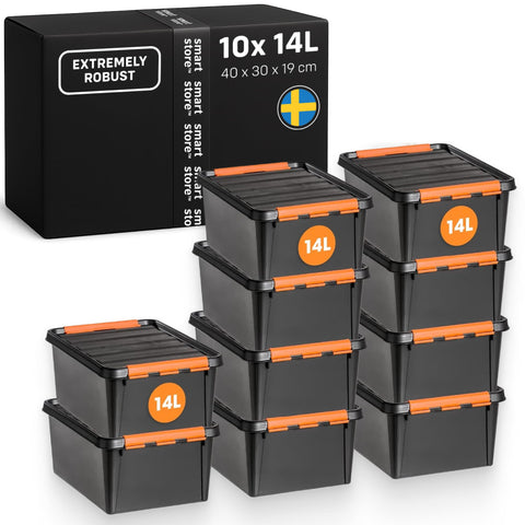 SmartStore extra-durable plastic storage boxes with lids | 14 L | 10-pack | Stackable bins with clip locks for tools, garage, or moving | BPA-free