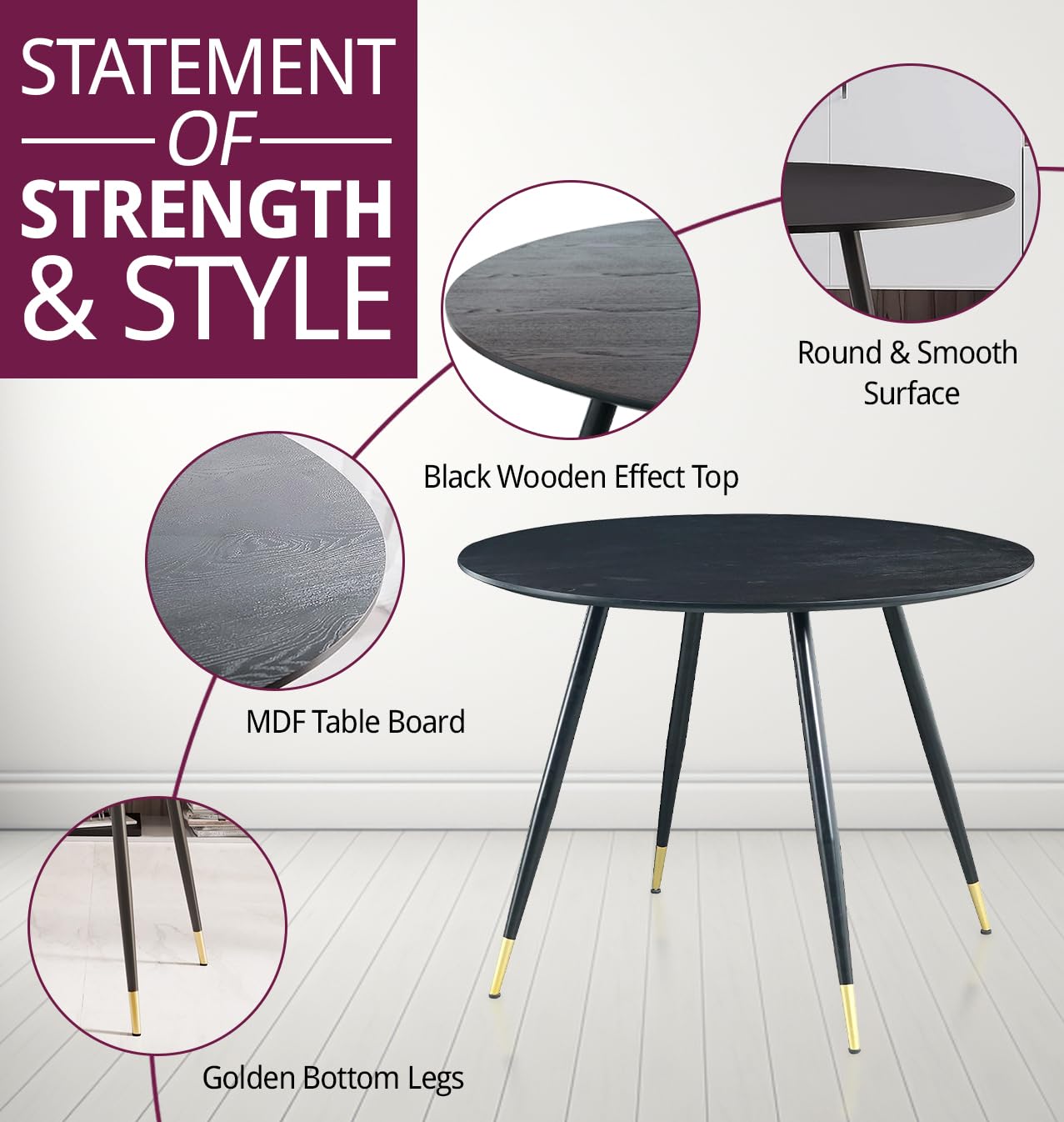 Hallowood Furniture Finley Round Kitchen Table and Chairs Set 4, Black/Grey