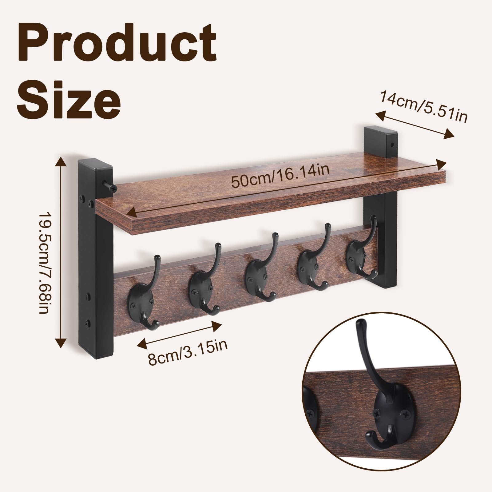 Dumenix Coat Rack Wall Mounted - Coat Hooks Wall Mounted with 5 Coat Hooks Removable Floating Shelf for Kitchen, Bedroom, Bathroom, Rustic Brown