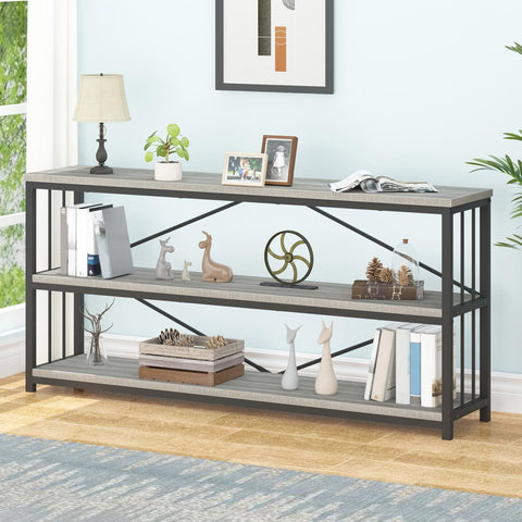 IBF Low Long Horizontal Bookshelf, Industrial Modern 3 Tier Etagere Bookcase, Large Wide Open Rustic Metal and Wood Grey Book Shelf for Bedroom