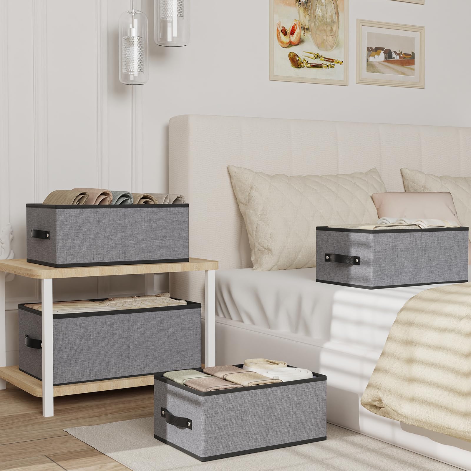 YheenLf Storage Baskets with Handles,Gray Bins, 33×23×14cm, 4-Pack