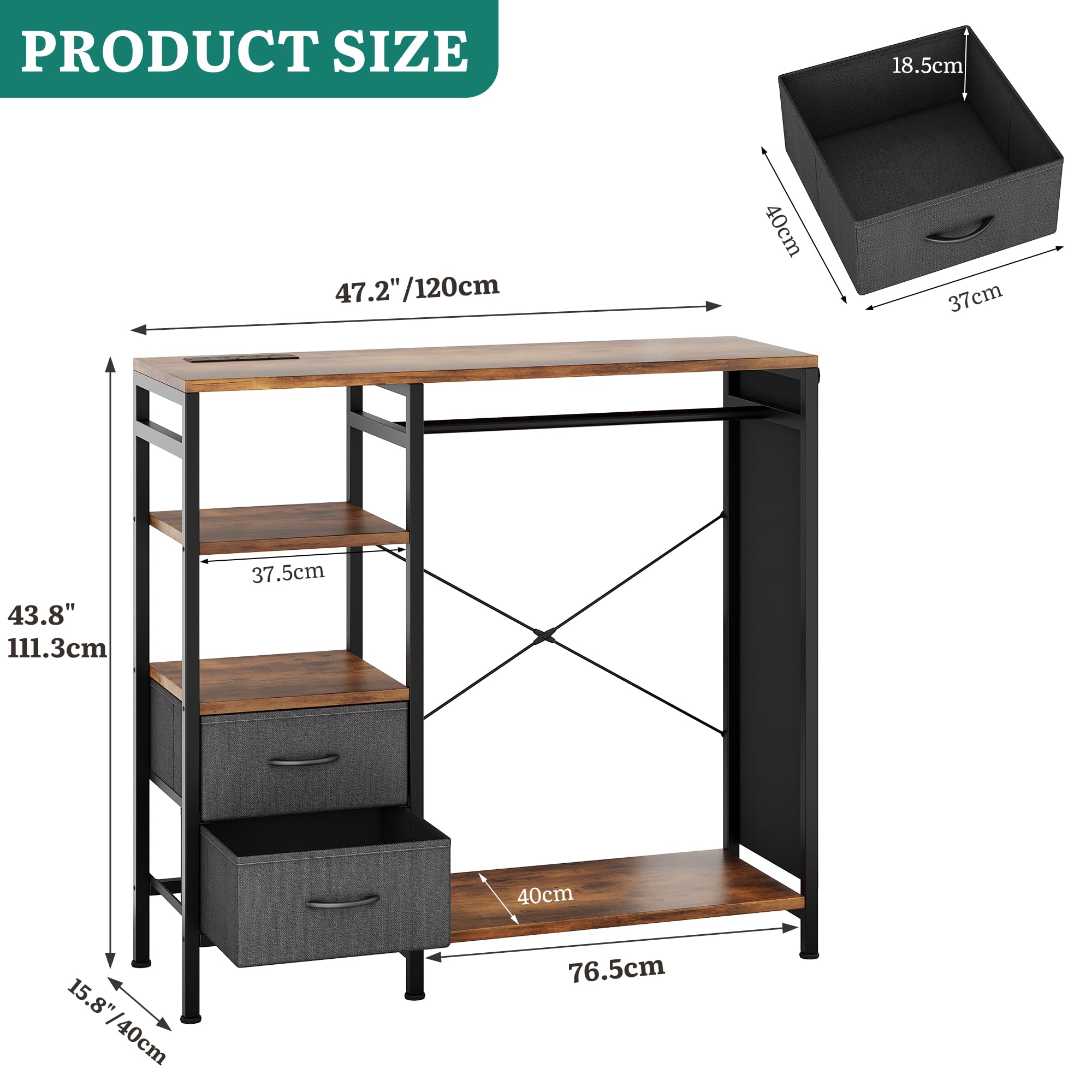 YITAHOME Wardrobe Chest of Drawers with Hanging Rail 120cm Brown