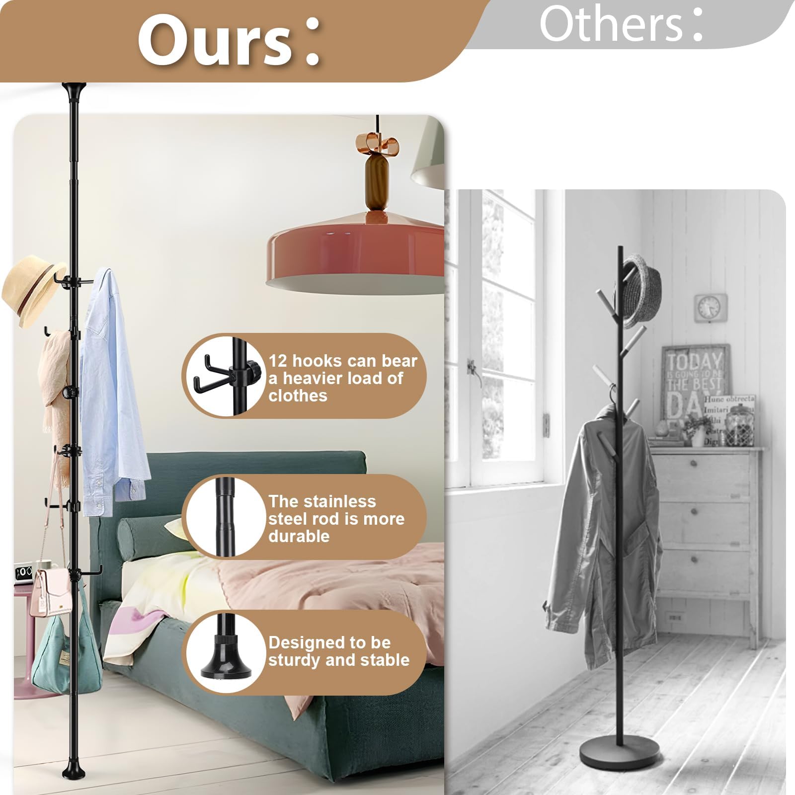 DAKEPOLE Freestanding Coat Stand, Coat Rack Adjustable Tension Pole 140-310cm with 12 Hooks for Coats, Jackets, Hats