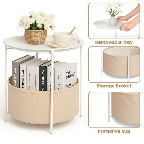 Rinkgarden Round Side Table with Fabric Basket, Modern and Sturdy, Metal End Table for Living Room, Bedroom, Bedside Table, Nursery