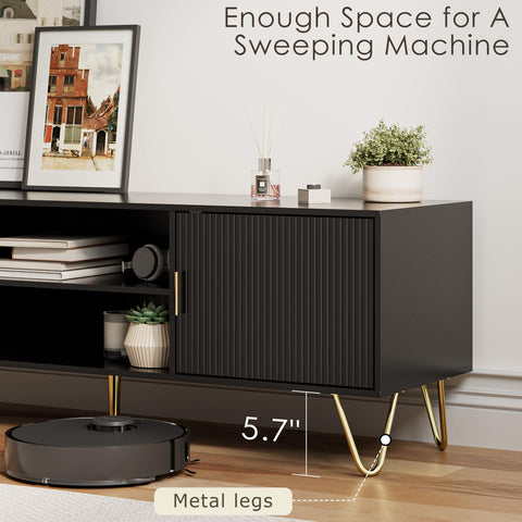 HEYZOEY Wood TV Stand for up to 65 Inch TV, 137cm TV Unit with 2 Cabinets and Open Shelves
