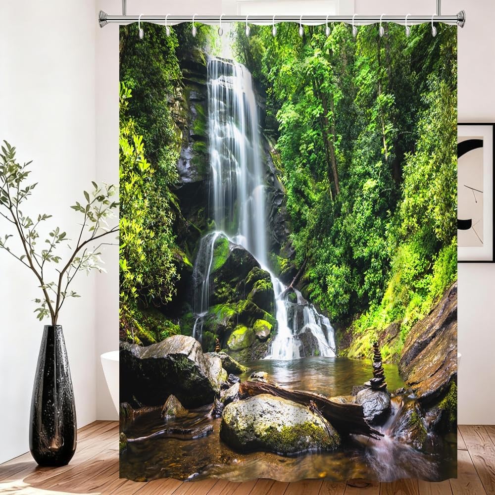 Xiaoterna Nature Shower Curtain Spring Waterfall Bathroom Curtain Tropical Jungle Green Forest Landscape Moss Stone River Washable Shower Curtain