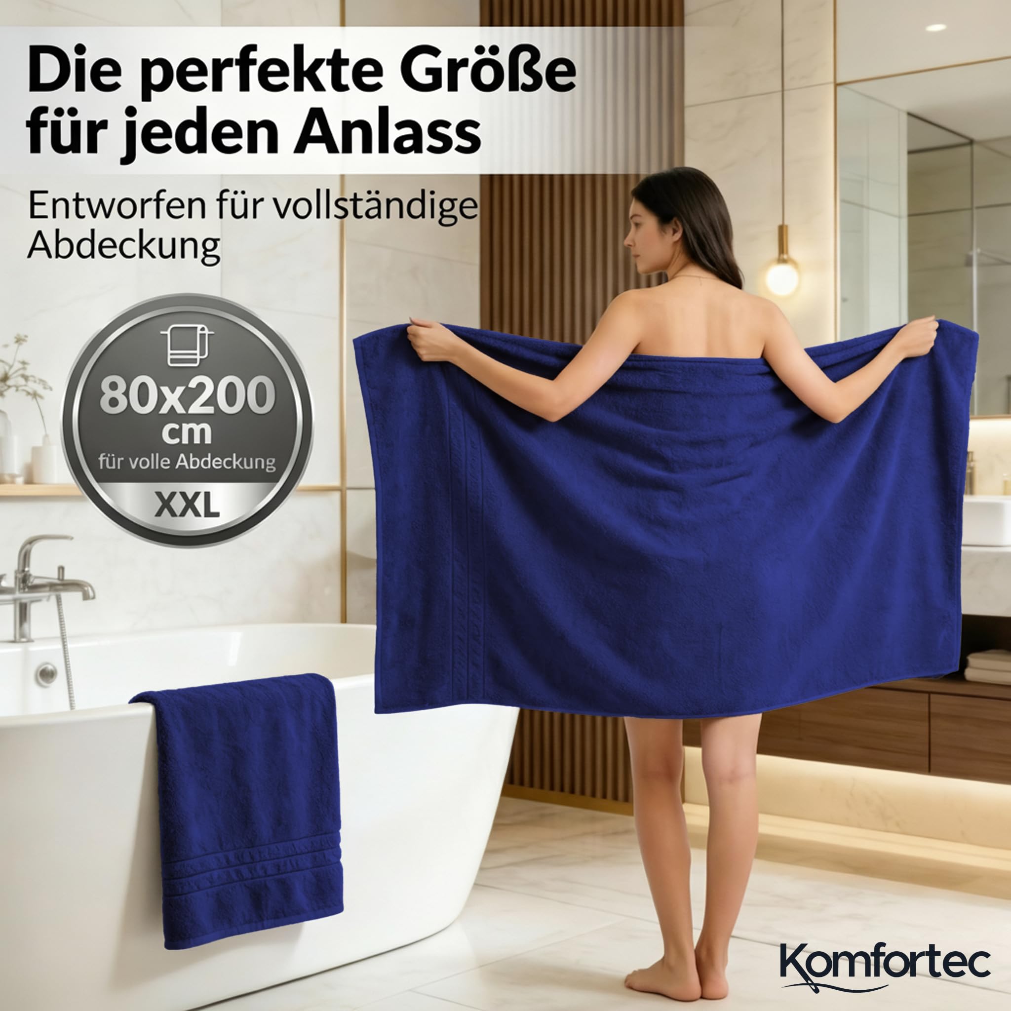 Komfortec Jumbo Bath Towels, 100% Cotton, Quick Dry, 80x200, Royal Blue