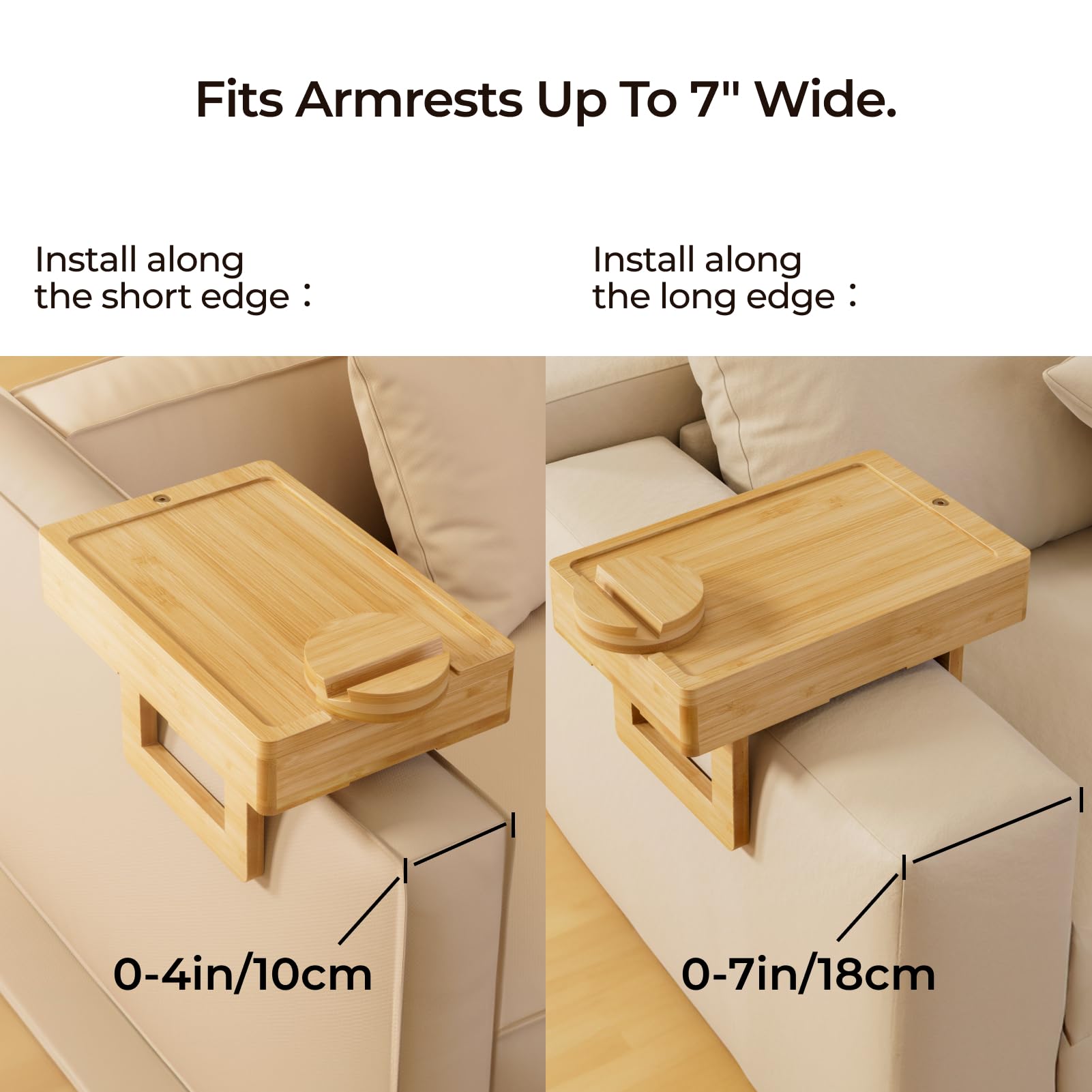 Wealone Mini Couch Arm Table for Narrow Armrest, Bamboo Sofa Arm Tray with Storage Box, Rotating Tabletop and Phone Stand